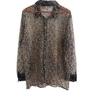 Vintage Leopard Print Mesh Lace Tunic Shirt 1X Sheer Button Front Whimsigoth